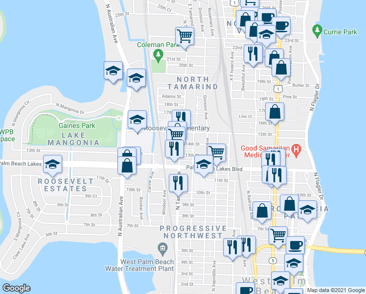 map of restaurants, bars, coffee shops, grocery stores, and more near 910 13th Street in West Palm Beach