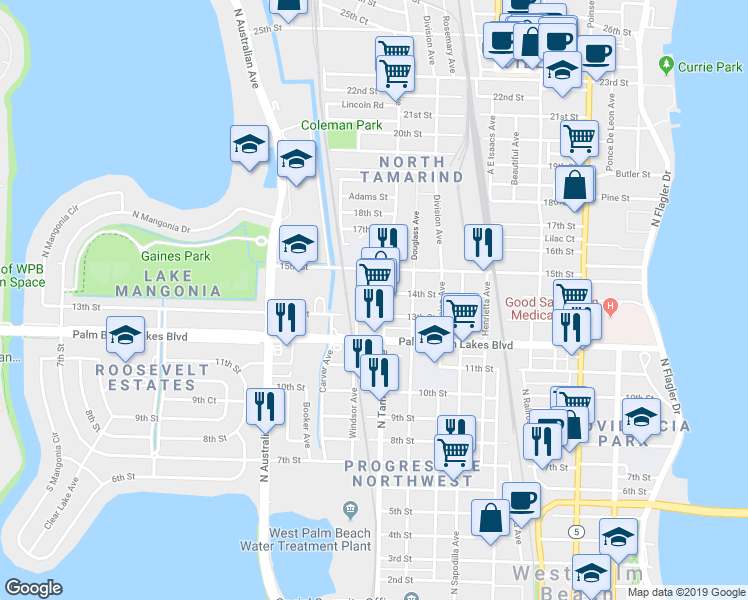 map of restaurants, bars, coffee shops, grocery stores, and more near 1018 13th Street in West Palm Beach