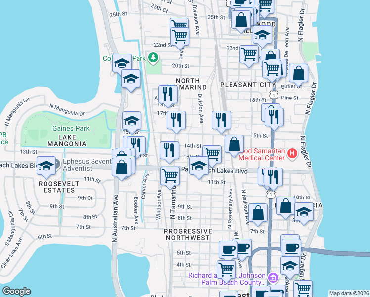 map of restaurants, bars, coffee shops, grocery stores, and more near 910 13th Street in West Palm Beach