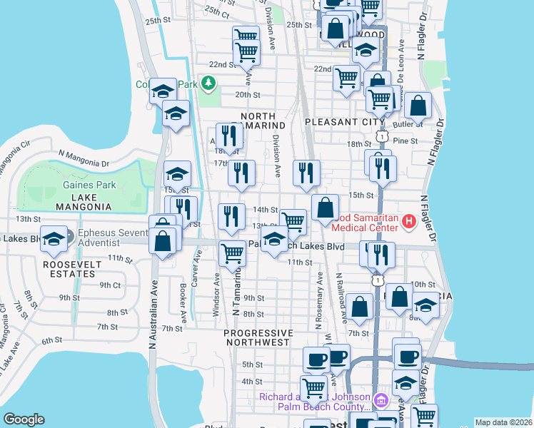 map of restaurants, bars, coffee shops, grocery stores, and more near 814 14th Street in West Palm Beach