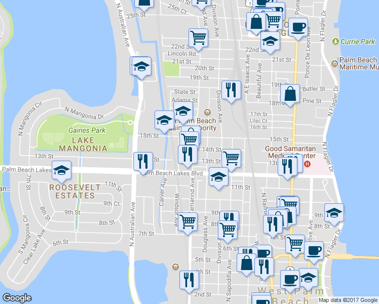 map of restaurants, bars, coffee shops, grocery stores, and more near 1004 14th Street in West Palm Beach