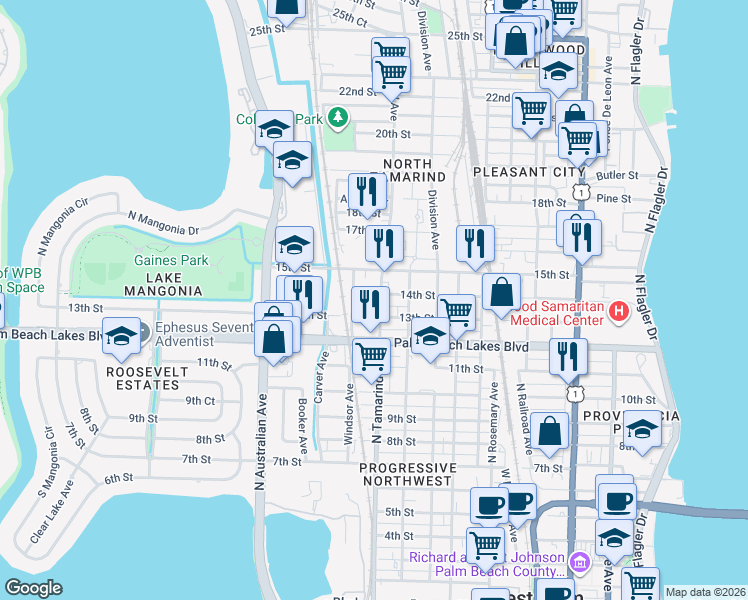 map of restaurants, bars, coffee shops, grocery stores, and more near 1004 14th Street in West Palm Beach