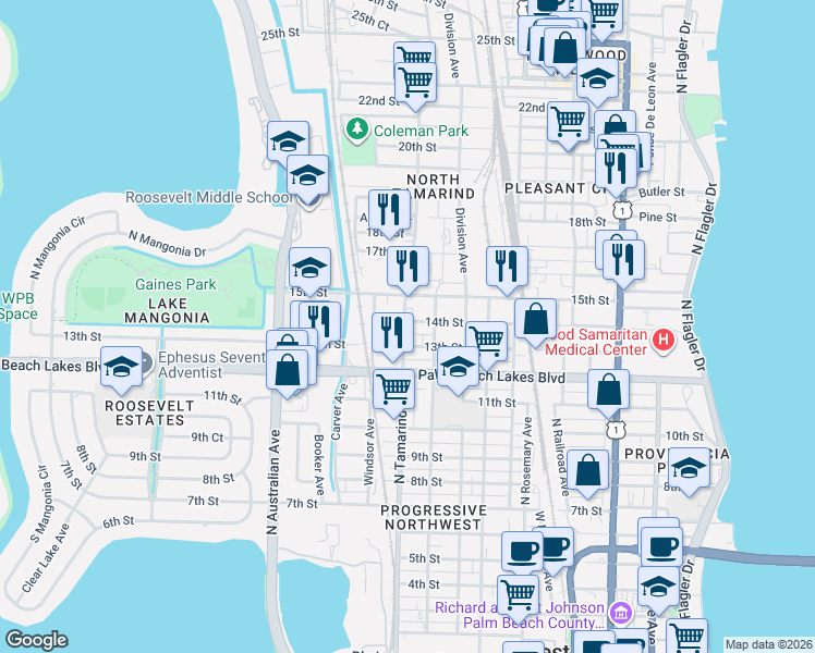 map of restaurants, bars, coffee shops, grocery stores, and more near in West Palm Beach