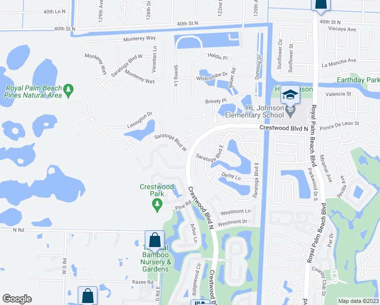 map of restaurants, bars, coffee shops, grocery stores, and more near Crestwood Blvd N & Saratoga Blvd E in Royal Palm Beach