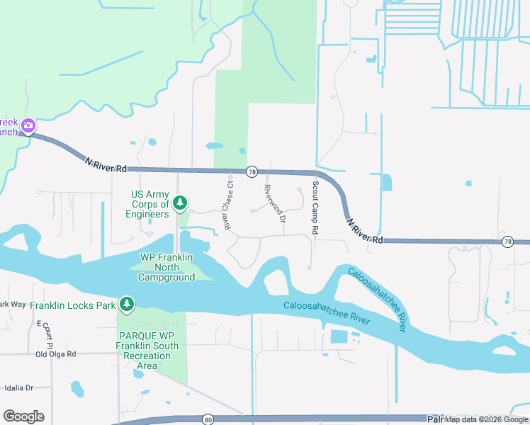 map of restaurants, bars, coffee shops, grocery stores, and more near 18210 Riverwind Drive in Alva