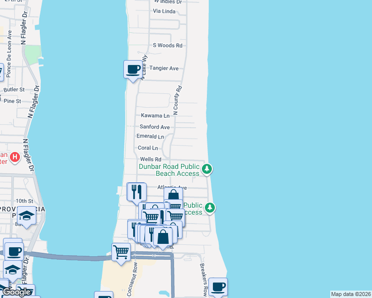 map of restaurants, bars, coffee shops, grocery stores, and more near 146 Canterbury Lane in Palm Beach