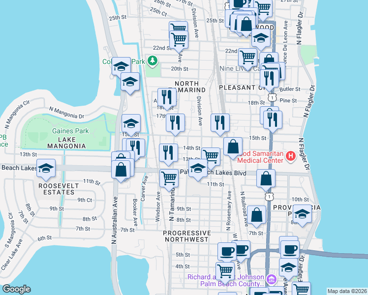 map of restaurants, bars, coffee shops, grocery stores, and more near in West Palm Beach