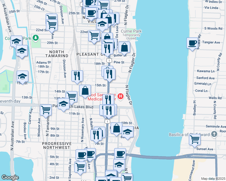 map of restaurants, bars, coffee shops, grocery stores, and more near 321 15th Street in West Palm Beach