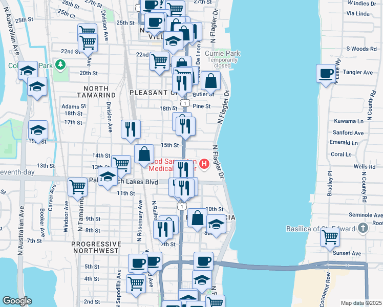 map of restaurants, bars, coffee shops, grocery stores, and more near 321 15th Street in West Palm Beach