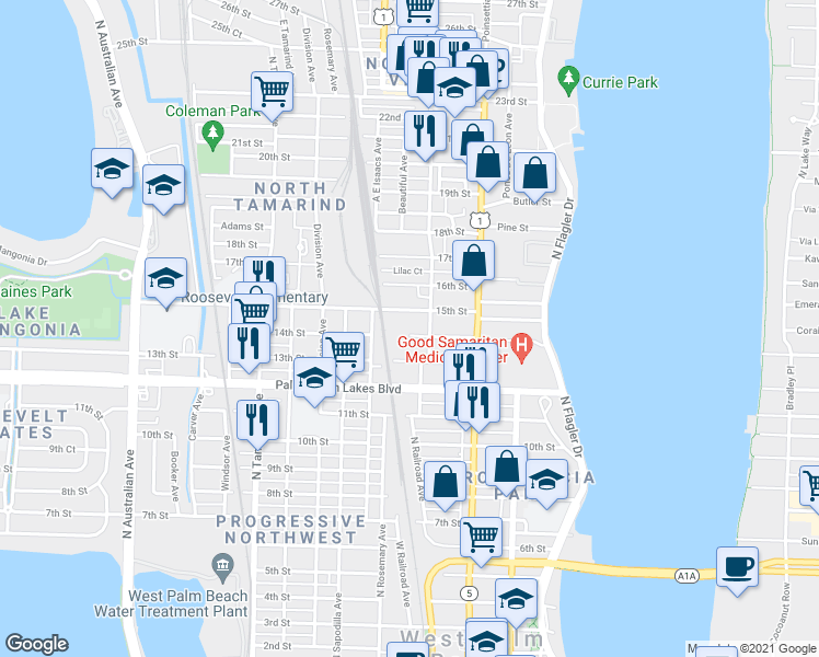 map of restaurants, bars, coffee shops, grocery stores, and more near 530 15th Street in West Palm Beach