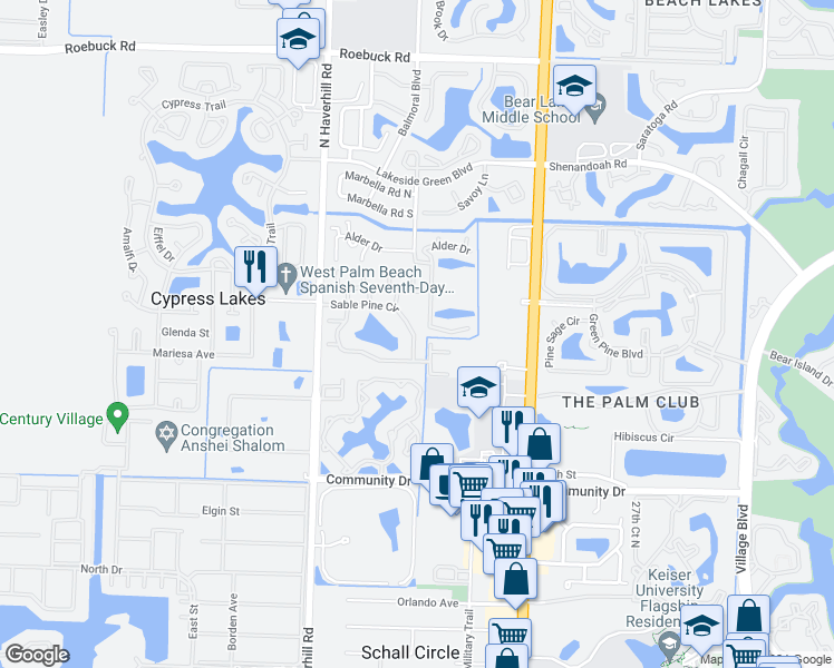 map of restaurants, bars, coffee shops, grocery stores, and more near 4849 Sable Pine Circle in West Palm Beach