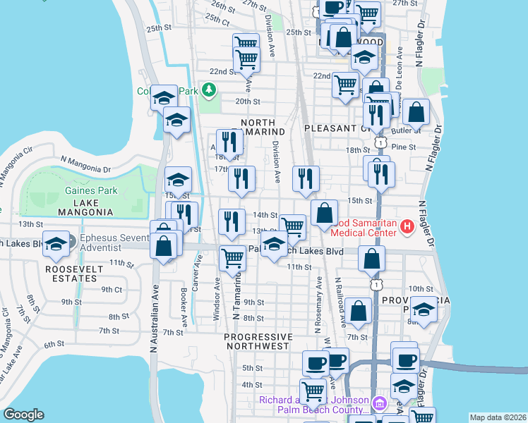 map of restaurants, bars, coffee shops, grocery stores, and more near 821 14th Street in West Palm Beach