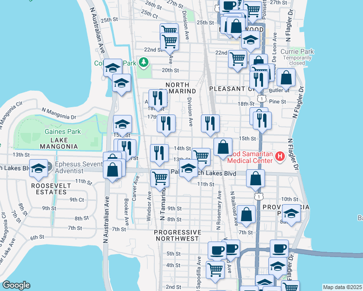 map of restaurants, bars, coffee shops, grocery stores, and more near 800 15th Street in West Palm Beach