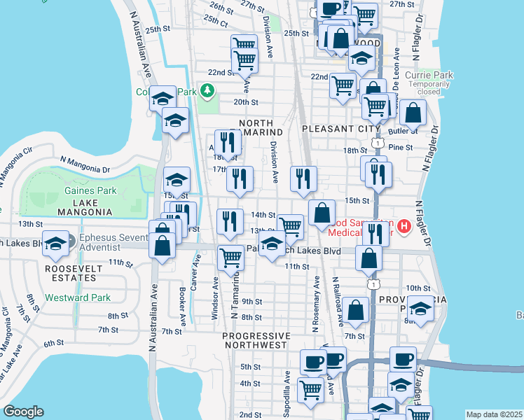 map of restaurants, bars, coffee shops, grocery stores, and more near 800 15th Street in West Palm Beach