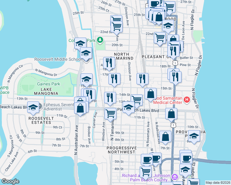 map of restaurants, bars, coffee shops, grocery stores, and more near in West Palm Beach