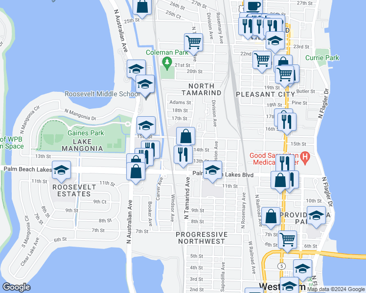map of restaurants, bars, coffee shops, grocery stores, and more near 1028 15th Street in West Palm Beach
