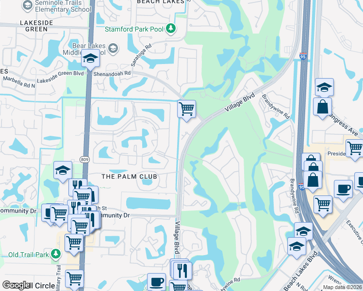 map of restaurants, bars, coffee shops, grocery stores, and more near 1721 Village Boulevard in West Palm Beach