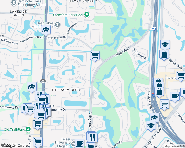 map of restaurants, bars, coffee shops, grocery stores, and more near 1721 Village Boulevard in West Palm Beach