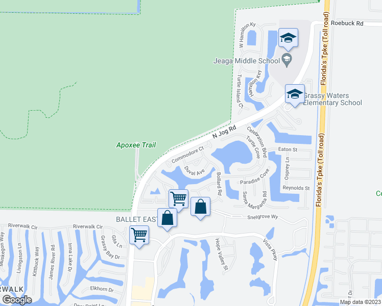 map of restaurants, bars, coffee shops, grocery stores, and more near Commodore Court in West Palm Beach