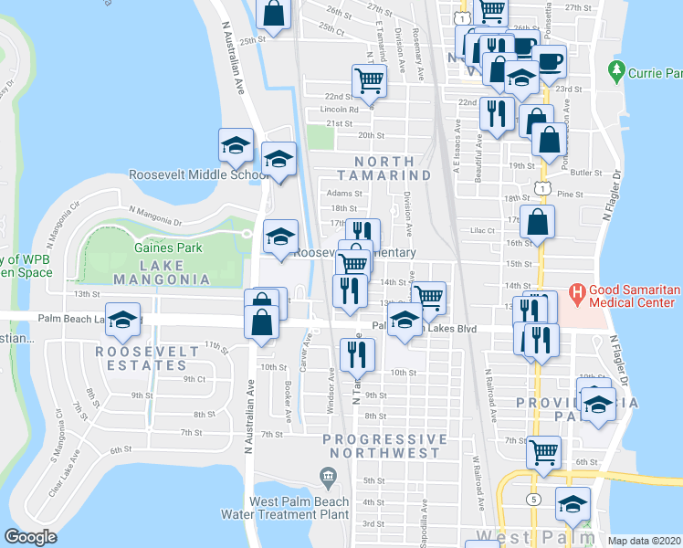 map of restaurants, bars, coffee shops, grocery stores, and more near 1028 15th Street in West Palm Beach