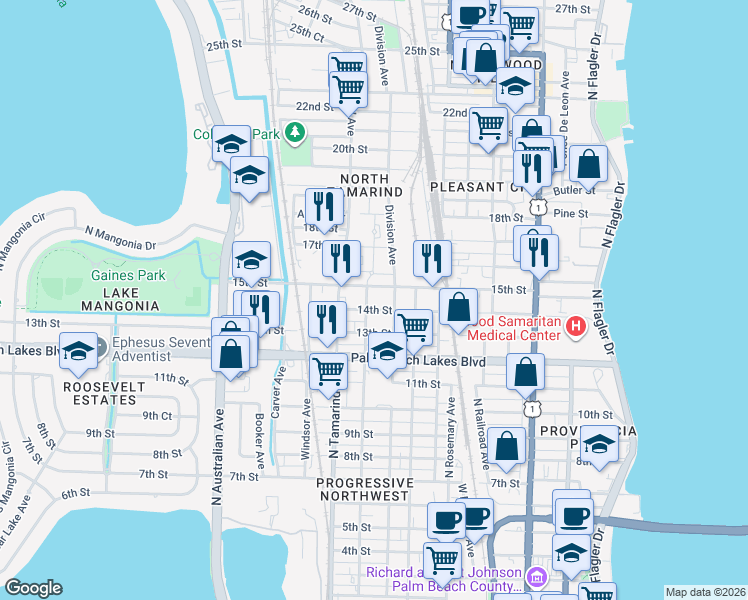 map of restaurants, bars, coffee shops, grocery stores, and more near 800 15th Street in West Palm Beach