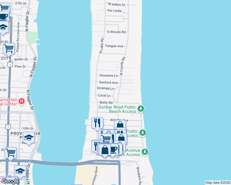 map of restaurants, bars, coffee shops, grocery stores, and more near 351 Crescent Drive in Palm Beach