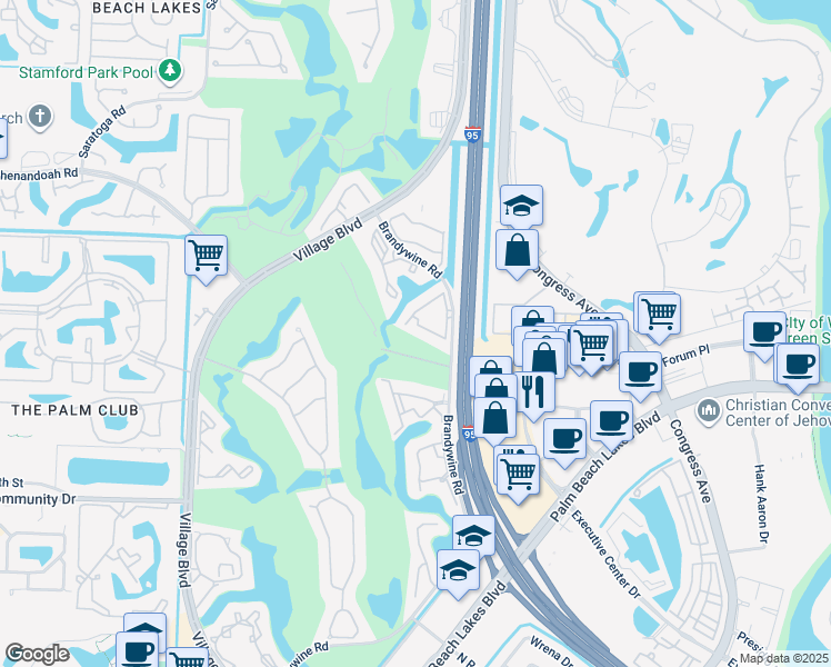 map of restaurants, bars, coffee shops, grocery stores, and more near 1967 Brandywine Road in West Palm Beach