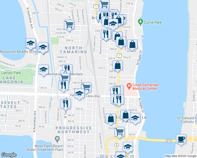 map of restaurants, bars, coffee shops, grocery stores, and more near 530 Southwest 15th Street in Boca Raton