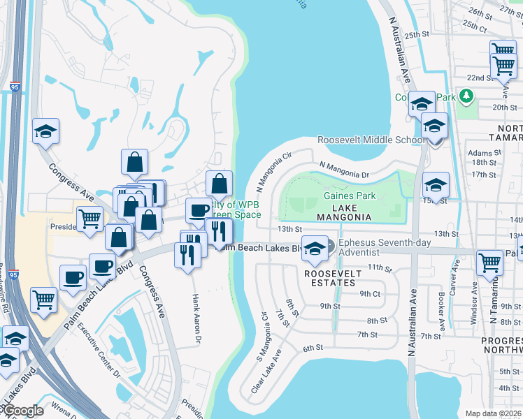 map of restaurants, bars, coffee shops, grocery stores, and more near 1490 North Mangonia Circle in West Palm Beach
