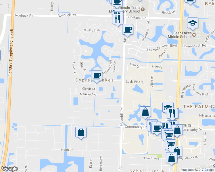 map of restaurants, bars, coffee shops, grocery stores, and more near 3376 Americo Drive in West Palm Beach