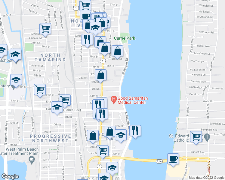 map of restaurants, bars, coffee shops, grocery stores, and more near 321 15th Street in West Palm Beach