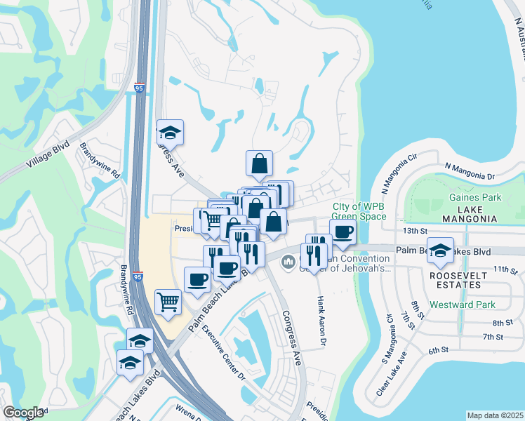 map of restaurants, bars, coffee shops, grocery stores, and more near 1640 Presidential Way in West Palm Beach