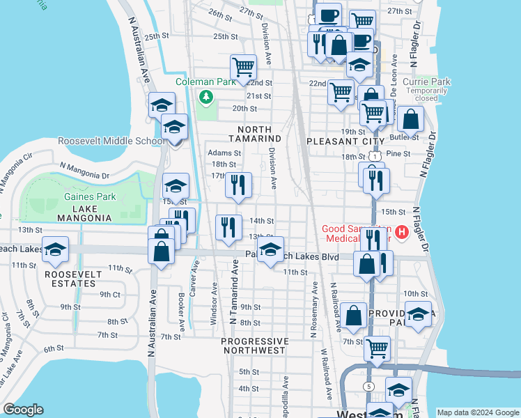 map of restaurants, bars, coffee shops, grocery stores, and more near 800 15th Street in West Palm Beach