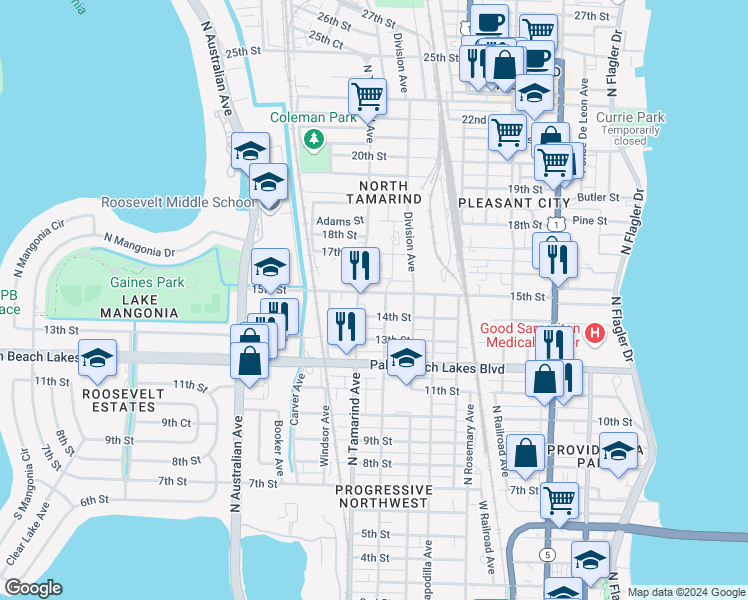 map of restaurants, bars, coffee shops, grocery stores, and more near in West Palm Beach