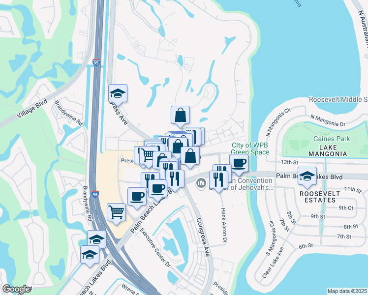 map of restaurants, bars, coffee shops, grocery stores, and more near 1640 Presidential Way in West Palm Beach