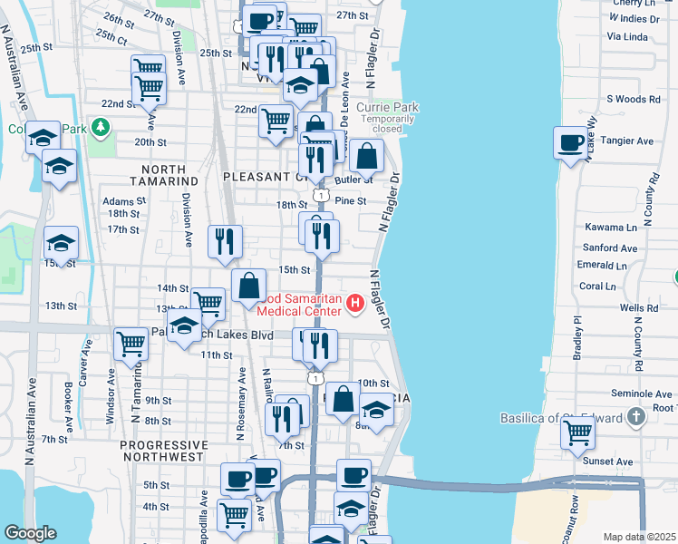 map of restaurants, bars, coffee shops, grocery stores, and more near 321 15th Street in West Palm Beach