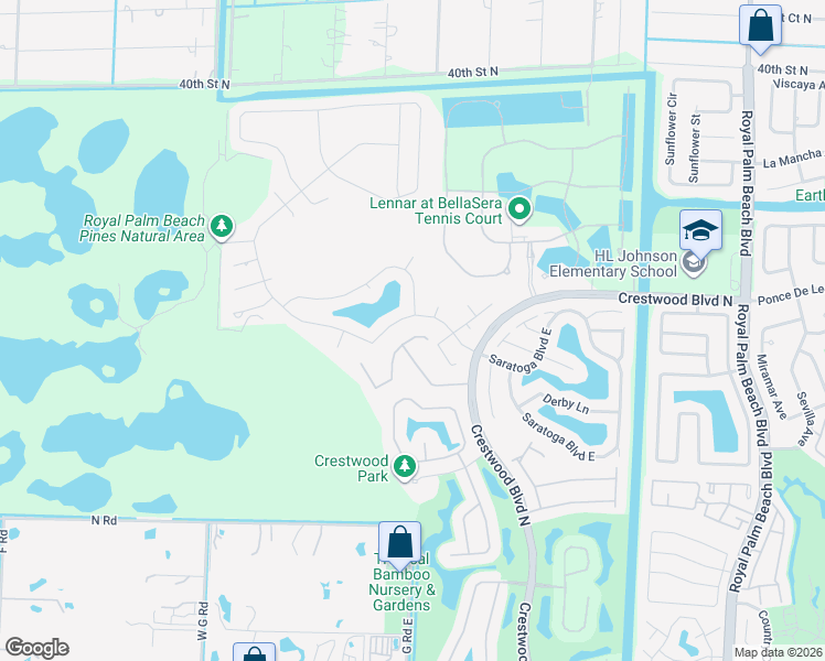 map of restaurants, bars, coffee shops, grocery stores, and more near 2934 East Fontana Court in Royal Palm Beach
