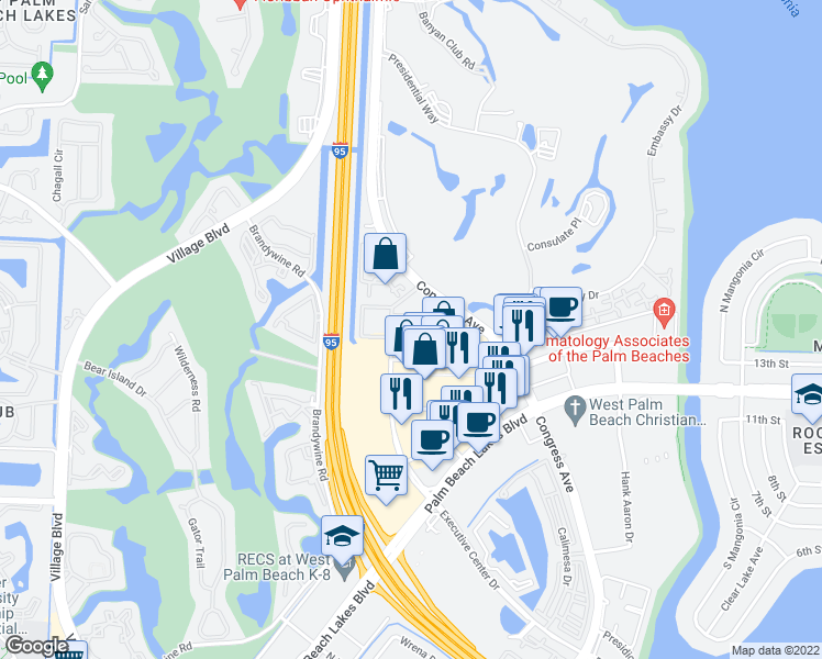 map of restaurants, bars, coffee shops, grocery stores, and more near 1501 Presidential Way in West Palm Beach