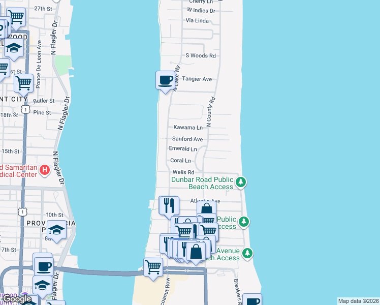 map of restaurants, bars, coffee shops, grocery stores, and more near 351 Crescent Drive in Palm Beach