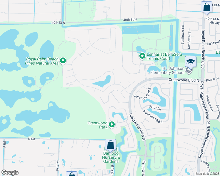 map of restaurants, bars, coffee shops, grocery stores, and more near 2934 East Fontana Court in Royal Palm Beach