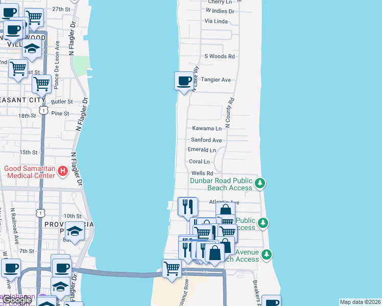 map of restaurants, bars, coffee shops, grocery stores, and more near 246 Emerald Lane in Palm Beach