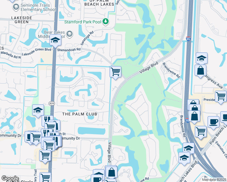 map of restaurants, bars, coffee shops, grocery stores, and more near 1721 Village Boulevard in West Palm Beach