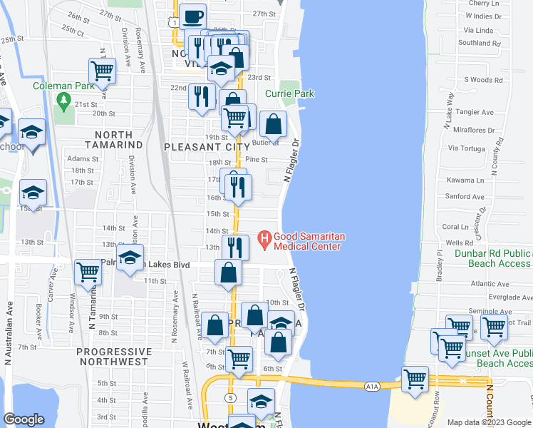 map of restaurants, bars, coffee shops, grocery stores, and more near 321 15th Street in West Palm Beach