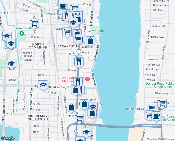 map of restaurants, bars, coffee shops, grocery stores, and more near 321 15th Street in West Palm Beach