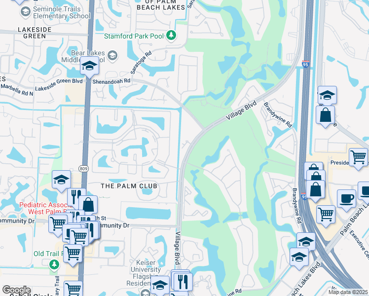 map of restaurants, bars, coffee shops, grocery stores, and more near 1721 Village Boulevard in West Palm Beach