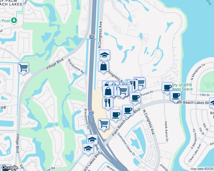 map of restaurants, bars, coffee shops, grocery stores, and more near 1500 North Congress Avenue in West Palm Beach