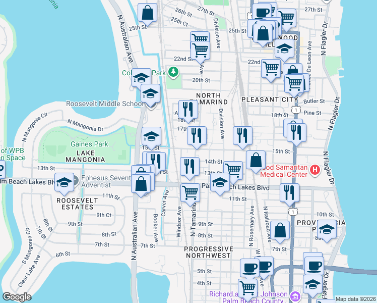 map of restaurants, bars, coffee shops, grocery stores, and more near 1012 15th Street in West Palm Beach