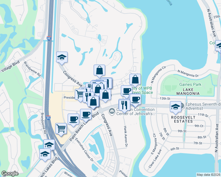 map of restaurants, bars, coffee shops, grocery stores, and more near 1630 Embassy Drive in West Palm Beach