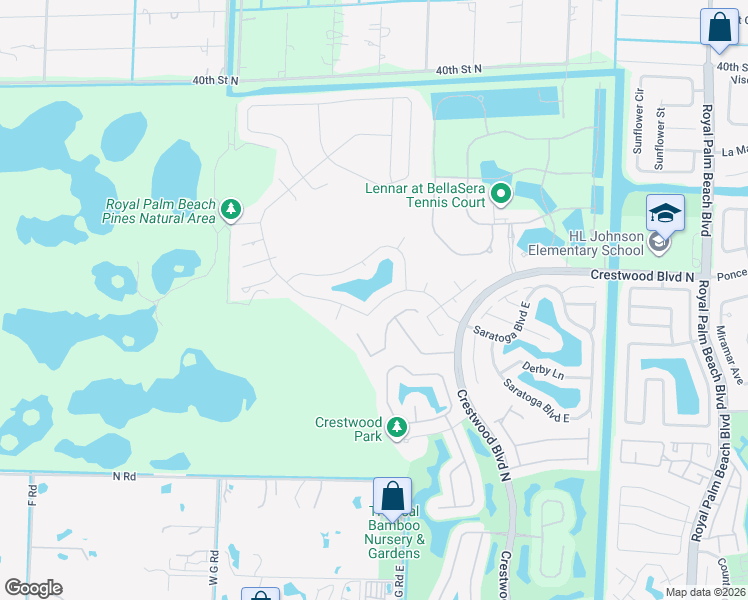 map of restaurants, bars, coffee shops, grocery stores, and more near 120 Saratoga Boulevard West in Royal Palm Beach