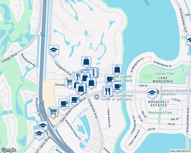 map of restaurants, bars, coffee shops, grocery stores, and more near 1630 Embassy Drive in West Palm Beach